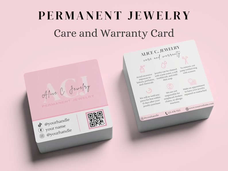 Pu&ograve; includere: Carta di cura e garanzia rosa e bianca per Alice C. Jewelry. La carta include informazioni sulla cura dei gioielli, la garanzia e le informazioni di contatto. La carta presenta anche un codice QR.