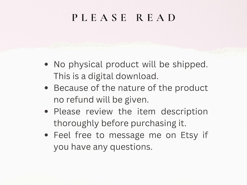Pu&ograve; includere: Un'immagine di testo con le parole "PLEASE READ" in alto. Il testo sotto spiega che il prodotto &egrave; un download digitale e che non verr&agrave; spedito alcun prodotto fisico. Indica anche che non verr&agrave; dato alcun rimborso a causa della natura del prodotto. Il testo incoraggia gli acquirenti a rivedere la descrizione dell'articolo prima di acquistarlo e a contattare il venditore per qualsiasi domanda.