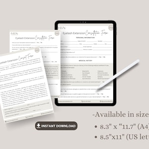 Puede incluir: Una descarga digital de dos formularios de consulta para extensiones de pesta&ntilde;as imprimibles. Los formularios est&aacute;n disponibles en dos tama&ntilde;os: 8,3 pulgadas por 11,7 pulgadas (A4) y 8,5 pulgadas por 11 pulgadas (carta de EE. UU.).