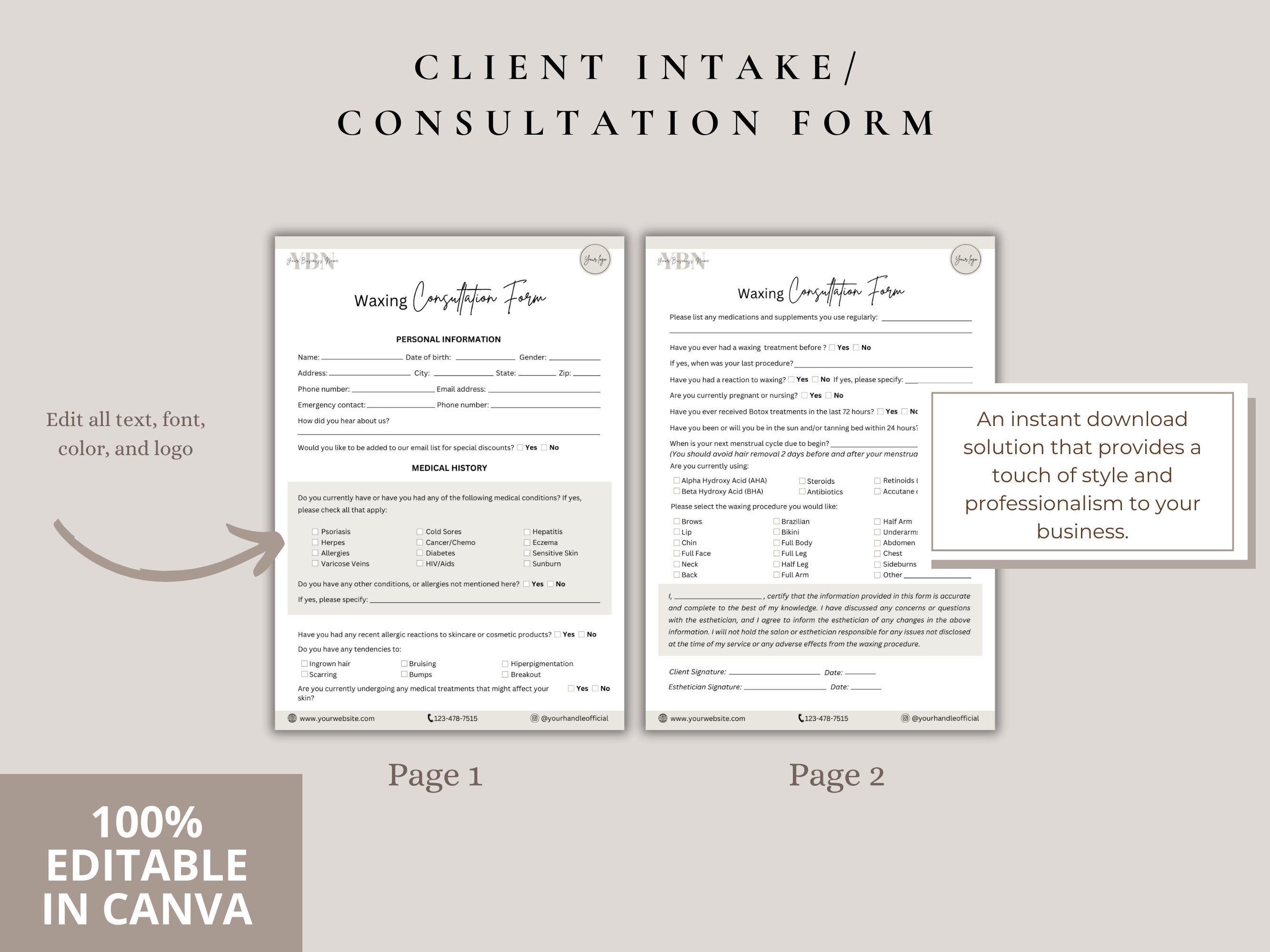 Waxing Consent Forms and Intake Form, Waxing Treatment Templates ...