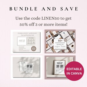 Pu&ograve; includere: Un collage di quattro immagini che mostrano modelli modificabili per i social media e il branding aziendale. I modelli includono una carta di assistenza e garanzia, modelli di storie Instagram, un listino prezzi e un post sui social media. Il testo "EDITABLE IN CANVA" &egrave; visualizzato in un cerchio rosa.