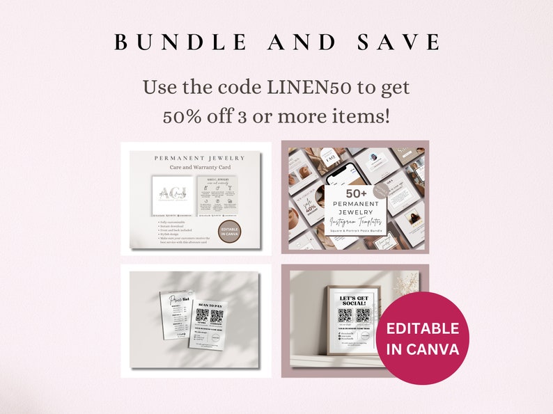 Pu&ograve; includere: Un collage di quattro immagini che mostrano modelli modificabili per i social media e il branding aziendale. I modelli includono una carta di assistenza e garanzia, modelli di storie Instagram, un listino prezzi e un post sui social media. Il testo "EDITABLE IN CANVA" &egrave; visualizzato in un cerchio rosa.