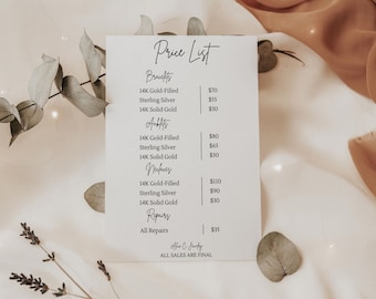 Signo de lista de precios de joyería permanente, plantilla Canva de joyería permanente, suministros de joyería permanente, signo de código Qr editable, collar permanente