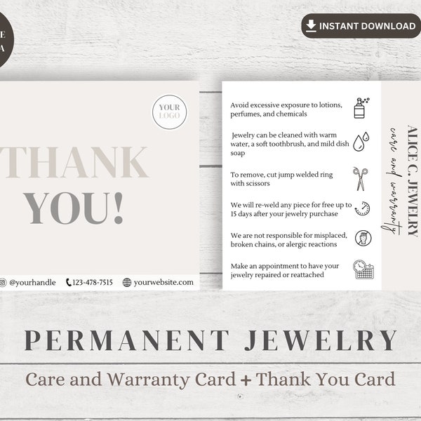 Permanent Jewelry Care Card, Permanent Jewelry Aftercare, Permanent Jewelry Business Kit, Permanent Jewelry Care Card Canva, Thank You Card