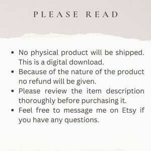 Op de afbeelding: Cr&egrave;mekleurig informatieblad voor digitale downloads met de woorden "LEES AUB" bovenaan. Opsommingstekens beschrijven de digitale aard van het product, geen restitutie en de beschrijving van het artikel bekijken voor aankoop. Neem contact op met Etsy-verkoper.