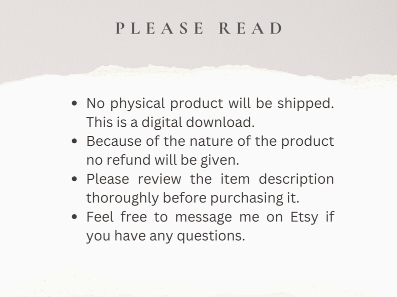 Op de afbeelding: Cr&egrave;mekleurig informatieblad voor digitale downloads met de woorden "LEES AUB" bovenaan. Opsommingstekens beschrijven de digitale aard van het product, geen restitutie en de beschrijving van het artikel bekijken voor aankoop. Neem contact op met Etsy-verkoper.