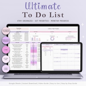 Puede incluir: Un ordenador portátil que muestra una hoja de cálculo de Google Sheets con una plantilla de lista de tareas. La hoja de cálculo se titula "Ultimate To Do List" e incluye secciones para "Tareas urgentes", "Tareas sociales", "Seguimiento de tareas de Lillian" y "Febrero". La hoja de cálculo está diseñada para ayudar a los usuarios a mantenerse organizados, establecer prioridades y controlar el progreso.