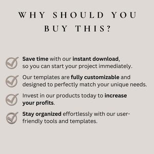 May include: A checklist with four checkmarks highlighting the benefits of buying a product. The benefits include saving time with instant downloads, customizable templates, increasing profits, and staying organized.