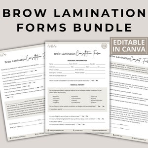 Könnte beinhalten: Ein Satz von drei druckbaren Formularen für Wimpernlaminierungsdienste. Die Formulare sind mit den Titeln "Brow Lamination Consultation Form" und "Brow Lamination Consent Form" versehen. Die Formulare sind in Canva bearbeitbar und beinhalten Abschnitte für persönliche Daten, Krankengeschichte und Einwilligung.