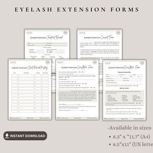 May include: Four printable eyelash extension forms in a light brown and white color scheme. The forms include a client intake form, a treatment record, a consultation form, and a client history form. The forms are available in two sizes: 8.3 inches by 11.7 inches (A4) and 8.5 inches by 11 inches (US letter).
