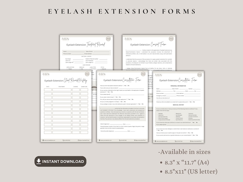 May include: Four printable eyelash extension forms in a light brown and white color scheme. The forms include a client intake form, a treatment record, a consultation form, and a client history form. The forms are available in two sizes: 8.3 inches by 11.7 inches (A4) and 8.5 inches by 11 inches (US letter).