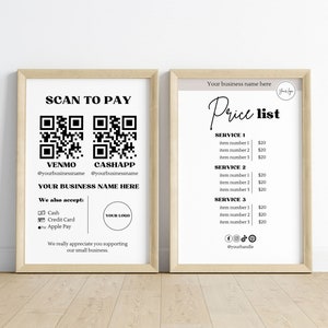 Ensemble d&#39;enseignes commerciales, Scan to Pay, QR code, modèle de liste de prix, enseigne de paiement, impression d&#39;enseigne Scan to Pay, liste de prix, modèle Canva