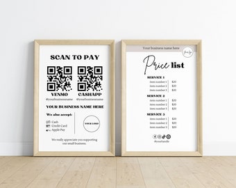 May include: Two framed prints with a light wood frame. One print says "SCAN TO PAY" with QR codes for Venmo and CashApp. The other print is a price list with the business name and logo.