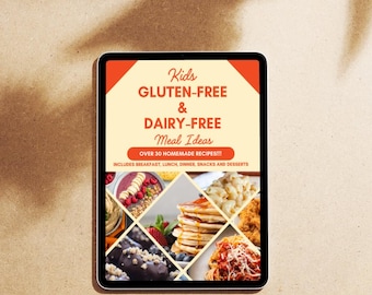 May include: A digital tablet displaying a colorful graphic for a cookbook titled "Kids Gluten-Free & Dairy-Free Meal Ideas". The graphic features images of various gluten-free and dairy-free meals, including pancakes, pasta, and fruit salad. The text on the graphic reads "Over 30 Homemade Recipes!!! Includes Breakfast, Lunch, Dinner, Snacks and Desserts."