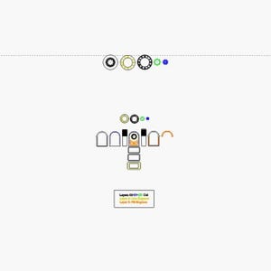 May include: An assortment of geometric shapes and designs in black, white, gold, green, and orange. The image includes circles, rectangles, and arched forms, with a text box at the bottom that reads "Layers 00-01-02 Cut Layer 4 Line Engrave Layer 5 Fill Engrave."