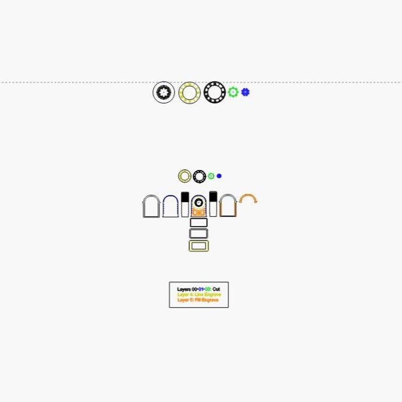 May include: An assortment of geometric shapes and designs in black, white, gold, green, and orange. The image includes circles, rectangles, and arched forms, with a text box at the bottom that reads "Layers 00-01-02 Cut Layer 4 Line Engrave Layer 5 Fill Engrave."