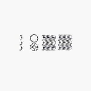 May include: A collection of abstract black and white line drawings. The image includes a wavy line, two circular shapes, and three stacked, wavy rectangular shapes, all against a white background.