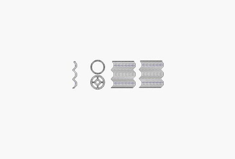 May include: A collection of abstract black and white line drawings. The image includes a wavy line, two circular shapes, and three stacked, wavy rectangular shapes, all against a white background.