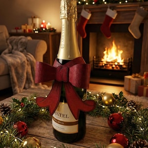 Laser Cut Wood Ribbon and Bow SVG | Wine & Champagne Bottle Christmas Gift