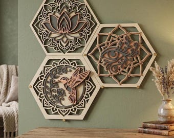 Laser Cut Modular Honeycomb Wall Art SVG | Layered Hummingbird Lotus & Floral Files | Digital Download