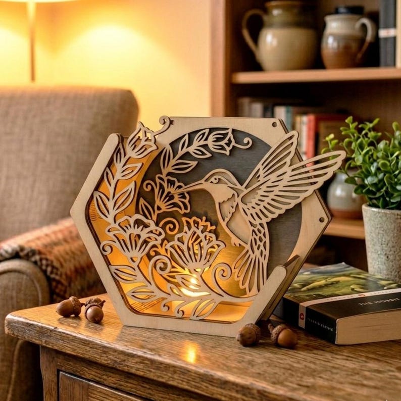 May include: A wooden, hexagonal light box featuring a hummingbird design. The hummingbird is intricately cut out, along with floral elements. The light box is placed on a wooden table, with acorns scattered around it. The light inside casts a warm glow.