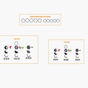 May include: Diagram of various geometric shapes and components, including hexagons, triangles, and other abstract forms. The image is divided into sections labeled "Large option" and "Small option," with additional text indicating "Optional interlocking back plates."
