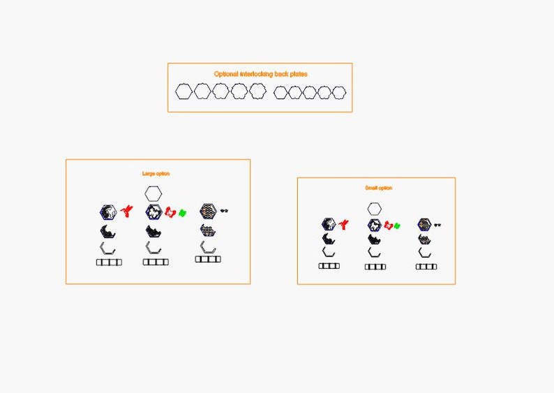 May include: Diagram of various geometric shapes and components, including hexagons, triangles, and other abstract forms. The image is divided into sections labeled "Large option" and "Small option," with additional text indicating "Optional interlocking back plates."