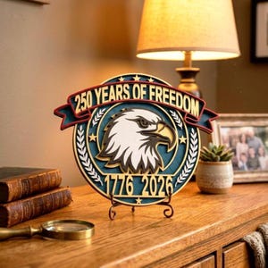 May include: A wooden decorative sign featuring an eagle head, the text "250 YEARS OF FREEDOM", and the dates "1776 2026". The sign is in shades of blue, white, and brown, and is displayed on a small metal stand.