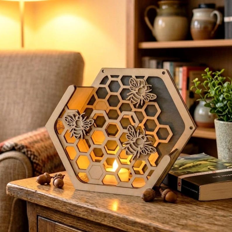 May include: A wooden, hexagonal candle holder with a honeycomb design and three laser-cut bee decorations. The interior glows with warm light from a lit candle, creating a cozy ambiance. The holder is placed on a wooden table.