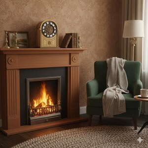 May include: A cozy living room scene featuring a wooden fireplace with a burning fire. A decorative clock, books, and framed art sit on the mantel. A green armchair with a blanket and a floor lamp complete the warm, inviting space.