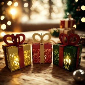 Puede incluir: Tres cajas de regalo decorativas con intrincados diseños recortados. Las cajas son doradas, rojas y verdes, cada una adornada con un lazo rojo contrastante. Las cajas están iluminadas desde dentro, creando un brillo cálido y acogedor.