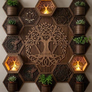 May include: A wooden wall art piece with a tree of life design at the center, surrounded by hexagonal shelves. The shelves hold small potted plants and decorative elements, including hummingbird and lotus designs. Some shelves have candle lights.