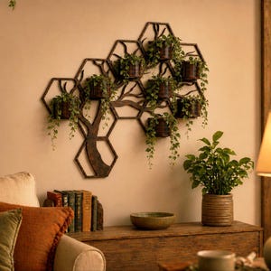May include: A wooden wall-mounted plant holder in the shape of a tree, with hexagonal shelves holding potted plants. The tree is brown, and the plants have green foliage. A wooden table holds books, a bowl, and a potted plant.