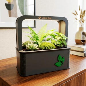 May include: A dark gray rectangular indoor garden planter labeled Grow Box with an integrated LED light arch. The planter contains a green fern, a succulent, moss, and basil plants. A bright green leaf emblem is attached to the front panel.