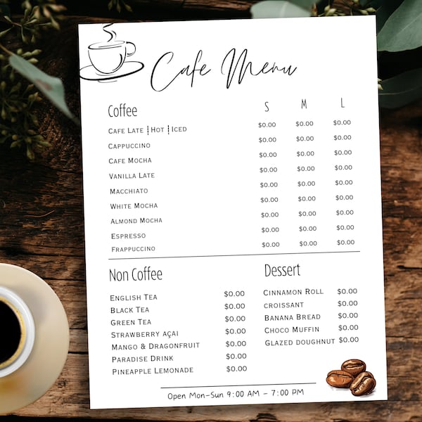 Cafe Menu Template, Coffee Shop Menu, Fully Editable