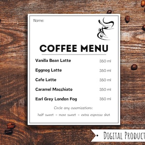 Menu de café editável, menu de café digital