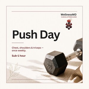 May include: A square graphic featuring the text Push Day, Chest, shoulders & triceps — once weekly, and Sub-1 hour. The WellnessMD logo with a brain and muscle icon is present. A black hexagonal 20-pound dumbbell sits in the foreground.