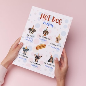 Puppy Birthday Party Hot Dog Menu, Printable Instant Download Doggy Food Sign Girls Hot Dog Bar Menu, Dog Birthday Party puppy baby shower