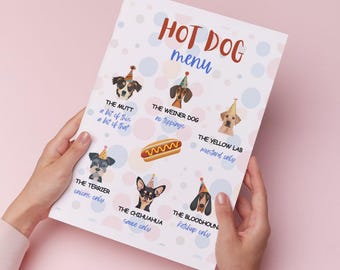 Könnte beinhalten: Eine weiße Speisekarte mit Hotdog-Thema. Die Speisekarte zeigt Illustrationen von Hunden, die Partyhüte tragen, und listet verschiedene Hotdog-Beläge auf. Der Text lautet "HOT DOG menu" und enthält die Namen verschiedener Hotdog-Optionen, wie "The Mutt", "The Weiner Dog", "The Yellow Lab", "The Terrier", "The Chihuahua" und "The Bloodhound".