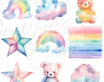 Watercolor Rainbow Clipart Pack, Baby Shower Clip Art, Transparent PNG, Nursery Art, Baby Shower Clipart, Card Making, pastel natural color
