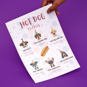 Welpen-Geburtstags-Party-Hot-Dog-Menü, Printable Instant Download Doggy Food Zeichen Mädchen-Hot-Dog-Bar-Menü, Hund-Geburtstags-Party Welpen-Baby-Dusche