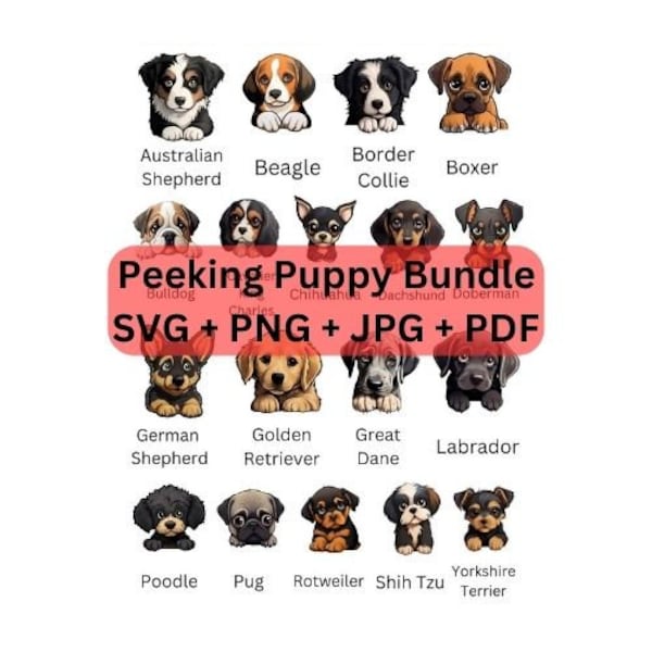 Peeking Dogs SVG Bundle, Puppy Bundle SVG, Puppy Faces, Cute Puppy cut file, Peeking dogs PNG peeking dogs clipart, Puppy Dog Breed Bundle