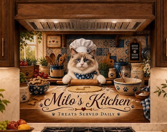 Gepersonaliseerde glazen achterwand met kattenfoto, fornuispaneel met huisdierportret op maat, keukendecoratie met kattennaam
