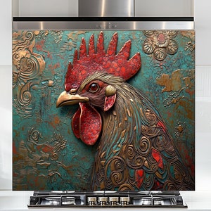 Tempered Glass Kitchen Backsplash, Rustic Rooster  Glass Backsplash, Glass Backsplash of Kitchen, Kitchen Stove Splashback ideas– Farmhouse
