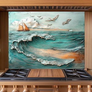 Salpicadero de cocina de vidrio templado con diseño de olas del océano: decoración náutica costera