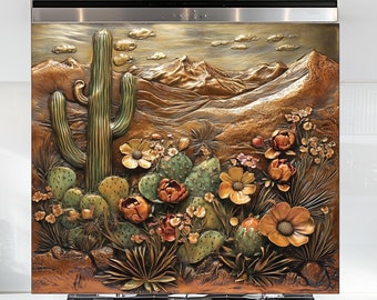 Desert Cactus Tempered Glass Kitchen Backsplash: Heat & Scratch Resistant