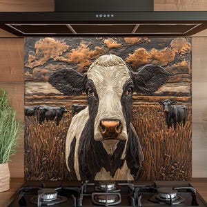 Cow Backsplash,Glass Backsplash, Unique Backsplash, Rustic Backsplash, Glass Backsplash for Kitchen, Rustic Stove Backsplash Panel