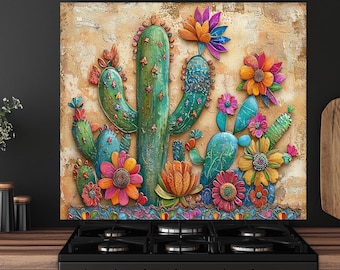 Kleurrijke keukenwand van gehard glas met cactus: hitte- en krasbestendig
