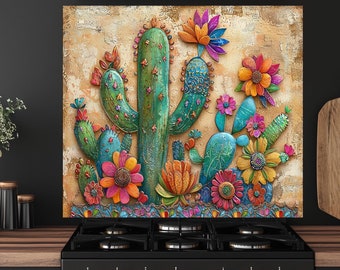 Colorful Cactus Tempered Glass Kitchen Backsplash: Heat & Scratch Resistant
