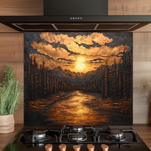Lake View Tempered Glass Kitchen Backsplash: Rustic Stove Decor